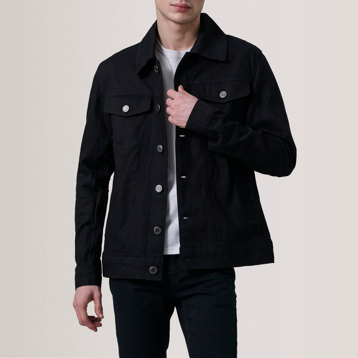 
Conard Black Denim Trucker Jacket For Men in Black Full-Grain Leather - Front Profile View & Tailored Silhouette | Buy Online