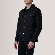 
Conard Black Denim Trucker Jacket For Men - Lateral Side Profile View Showing Sleeve Cut & Athletic Taper Fit