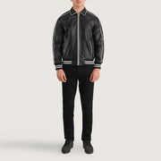 Cooper Black Leather Varsity Jacket - Lateral Side Profile View Showing Sleeve Cut &amp; Athletic Taper Fit