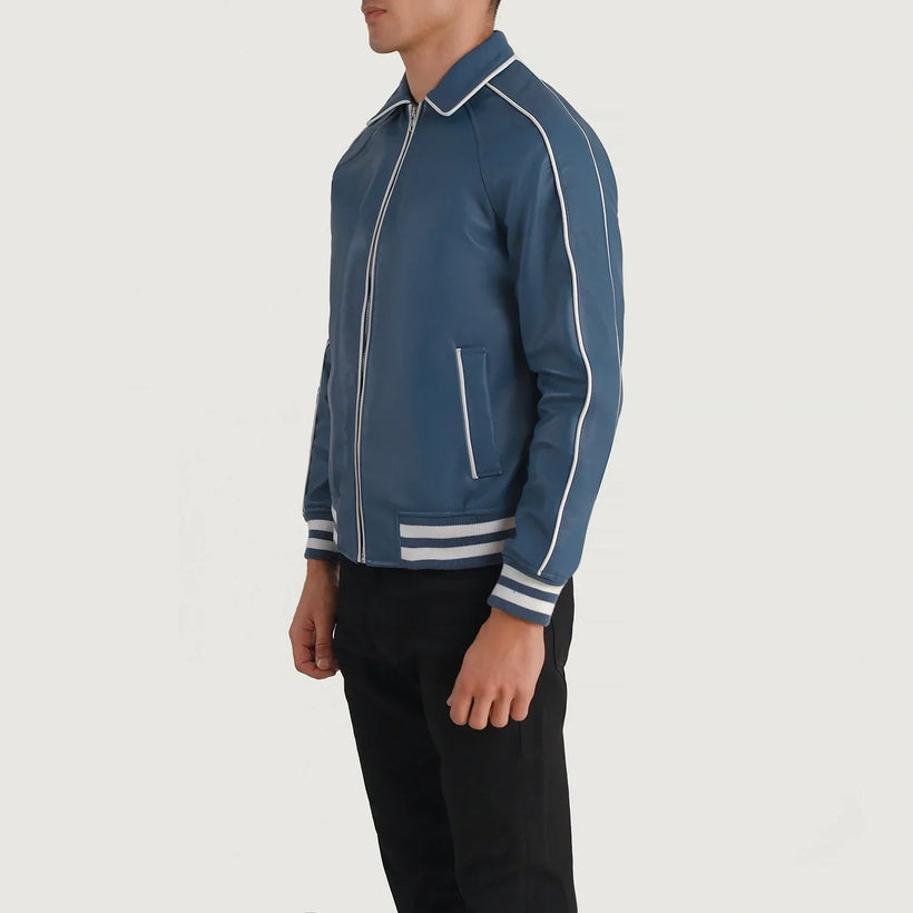 Blue Sheepskin Leather Varsity Jacket - Back View Showing Tailored Shoulder Fit & Clean Hemline