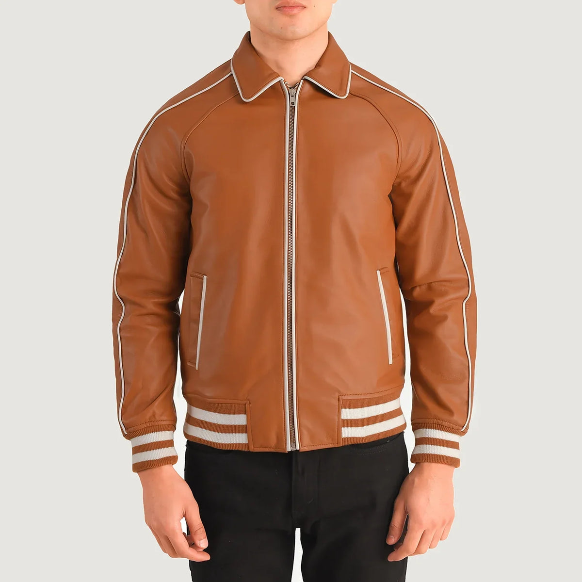 Close-Up Detail of Shirt collar &amp; Zipper Hardware on Cooper Tan Brown Leather Varsity Jacket