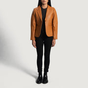 Close-Up Detail of Notch &amp; Button Hardware on Women's Cora Quilted Brown Leather Blazer
