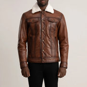 Close-Up Detail of Classic Collar &amp; Button Hardware on Dallis Brown Leather Shearling Trucker Jacket
