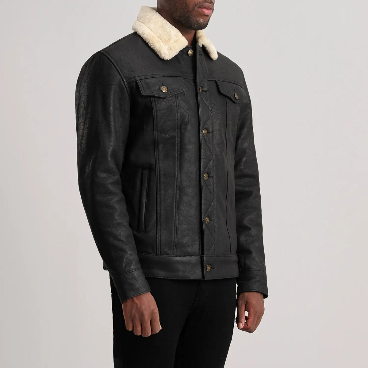 
Distressed Black Sheepskin Snuffed Aviator Jacket - Back View Showing Tailored Shoulder Fit & Clean Hemline