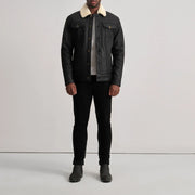
Dallis Tumbled Black Shearling Trucker Jacket - Lateral Side Profile View Showing Sleeve Cut & Athletic Taper Fit