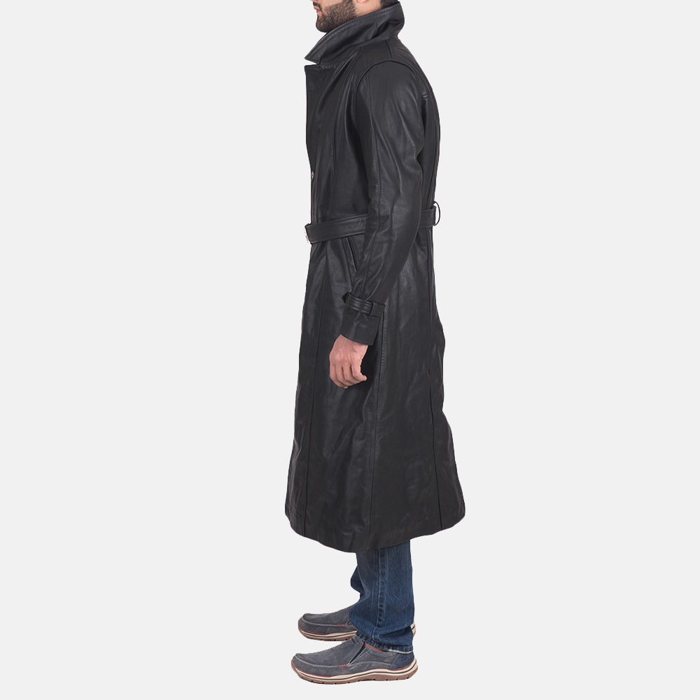 
Men's Daniel Black Leather Trench Coat - Lateral Side Profile View Showing Sleeve Cut & Athletic Taper Fit