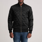 
Danson Quilted Black Varsity Jacket in Black Satin - Front Profile View & Tailored Silhouette | Buy Online
