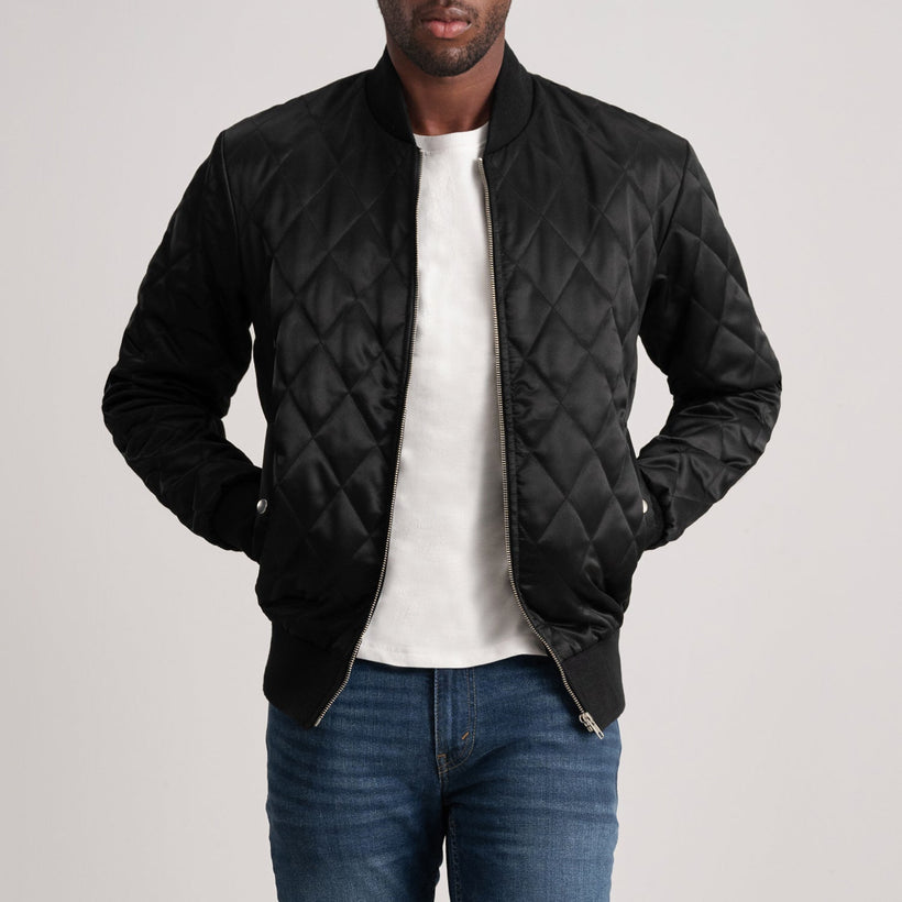 Black Satin Varsity Jacket - Back View Showing Tailored Shoulder Fit & Clean Hemline