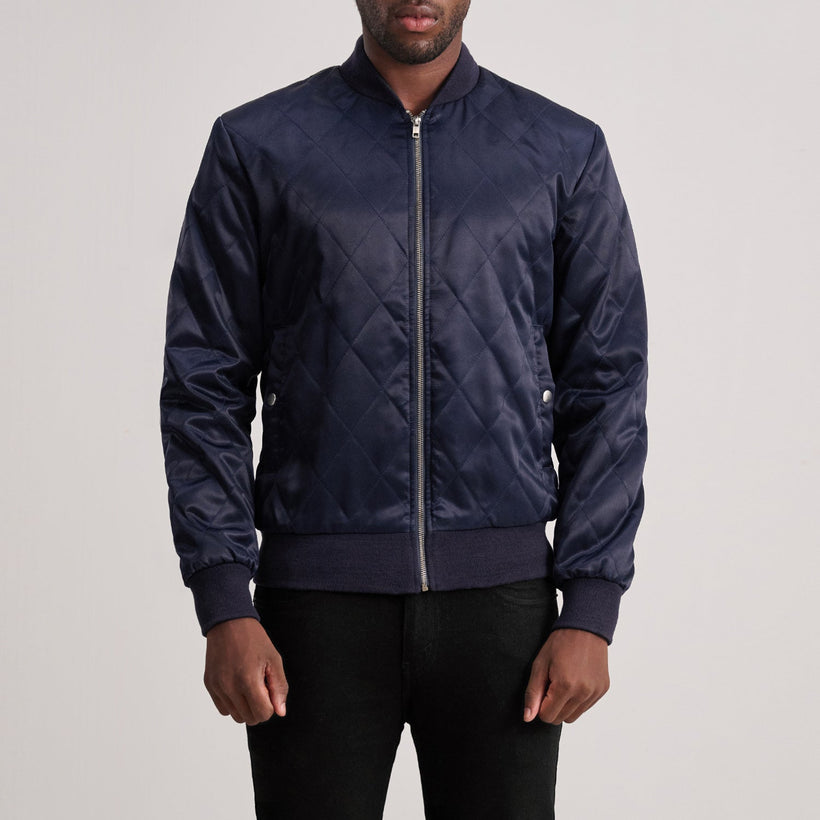 Danson Quilted Blue Varsity Jacket in Blue Satin - Front Profile View & Tailored Silhouette | Buy Online