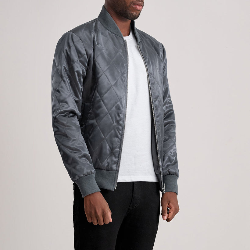Grey Satin Varsity Jacket - Back View Showing Tailored Shoulder Fit & Clean Hemline