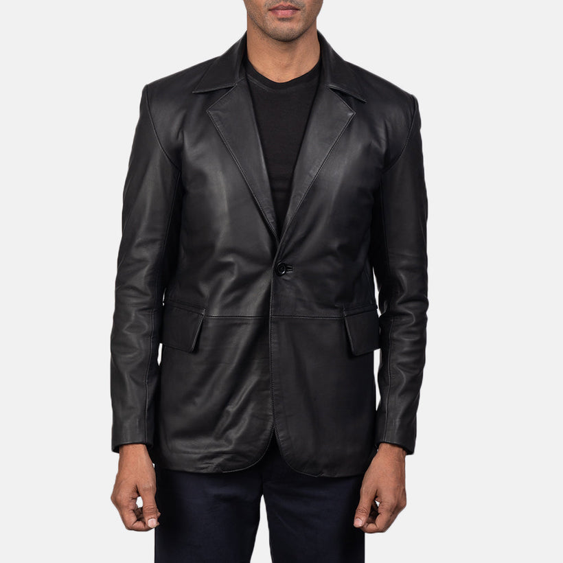 Men's Daron Black Leather Blazer in Black Sheepskin Leather - Front Profile View & Tailored Silhouette | Buy Online