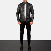 
Men's Dean Black Leather Biker Jacket - Lateral Side Profile View Showing Sleeve Cut & Athletic Taper Fit