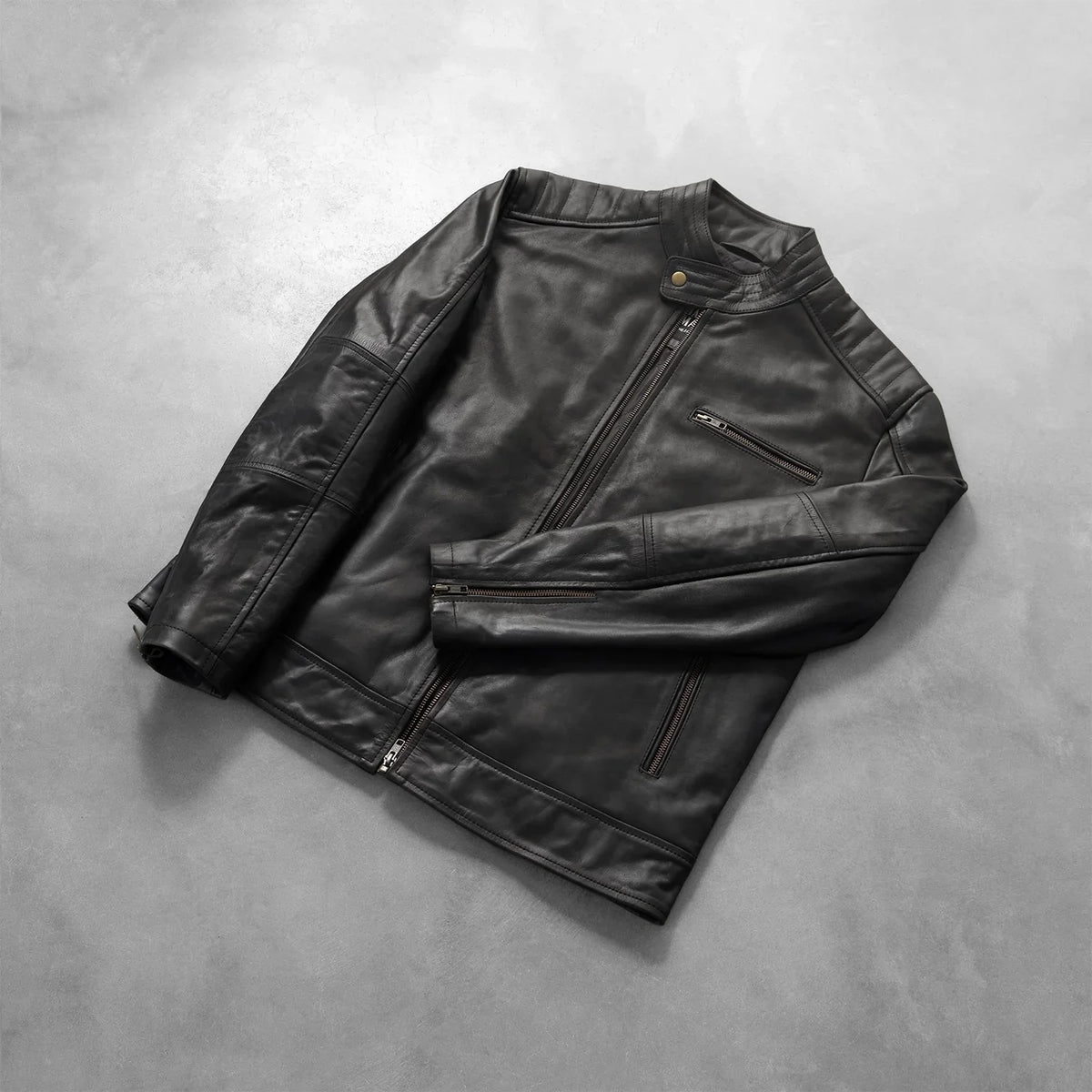 
Zipper & Hem Craftsmanship Construction Detail on Men's Dean Black Leather Biker Jacket