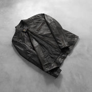 
Styled Fit Perspective of Men's Dean Black Leather Biker Jacket on Model - Natural Daylight Drape