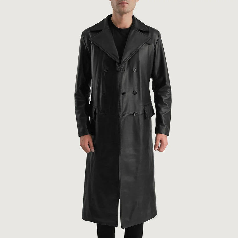 Delmar Black Leather Double-Breasted Coat