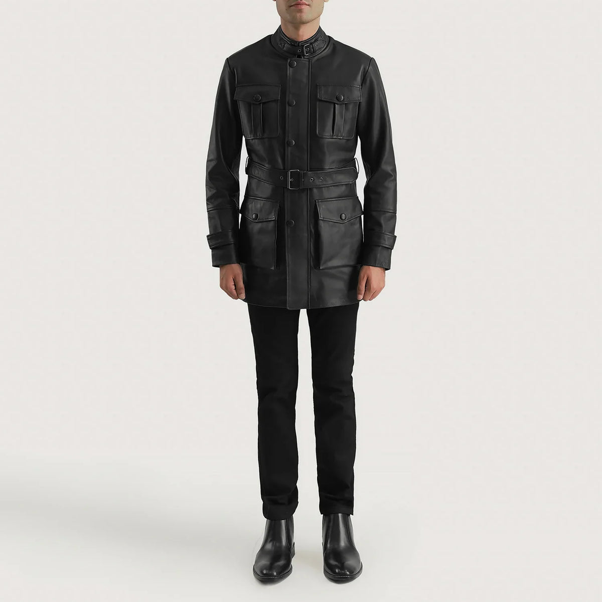 Dolf Black Leather Jacket - Lateral Side Profile View Showing Sleeve Cut &amp; Athletic Taper Fit