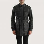 Close-Up Detail of High neck with Belt &amp; Snap button Hardware on Dolf Black Leather Jacket