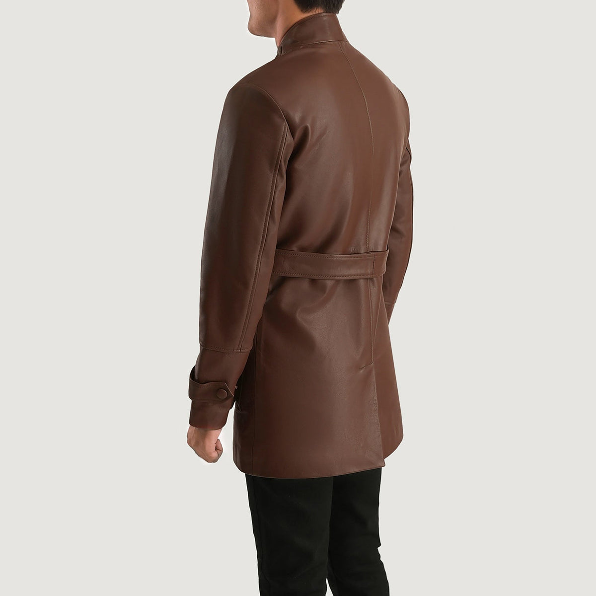 Close-Up Detail of High neck with Belt &amp; Snap button Hardware on Dolf Brown Leather Jacket