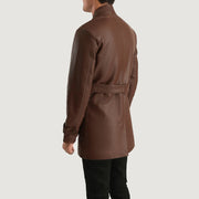 Close-Up Detail of High neck with Belt &amp; Snap button Hardware on Dolf Brown Leather Jacket