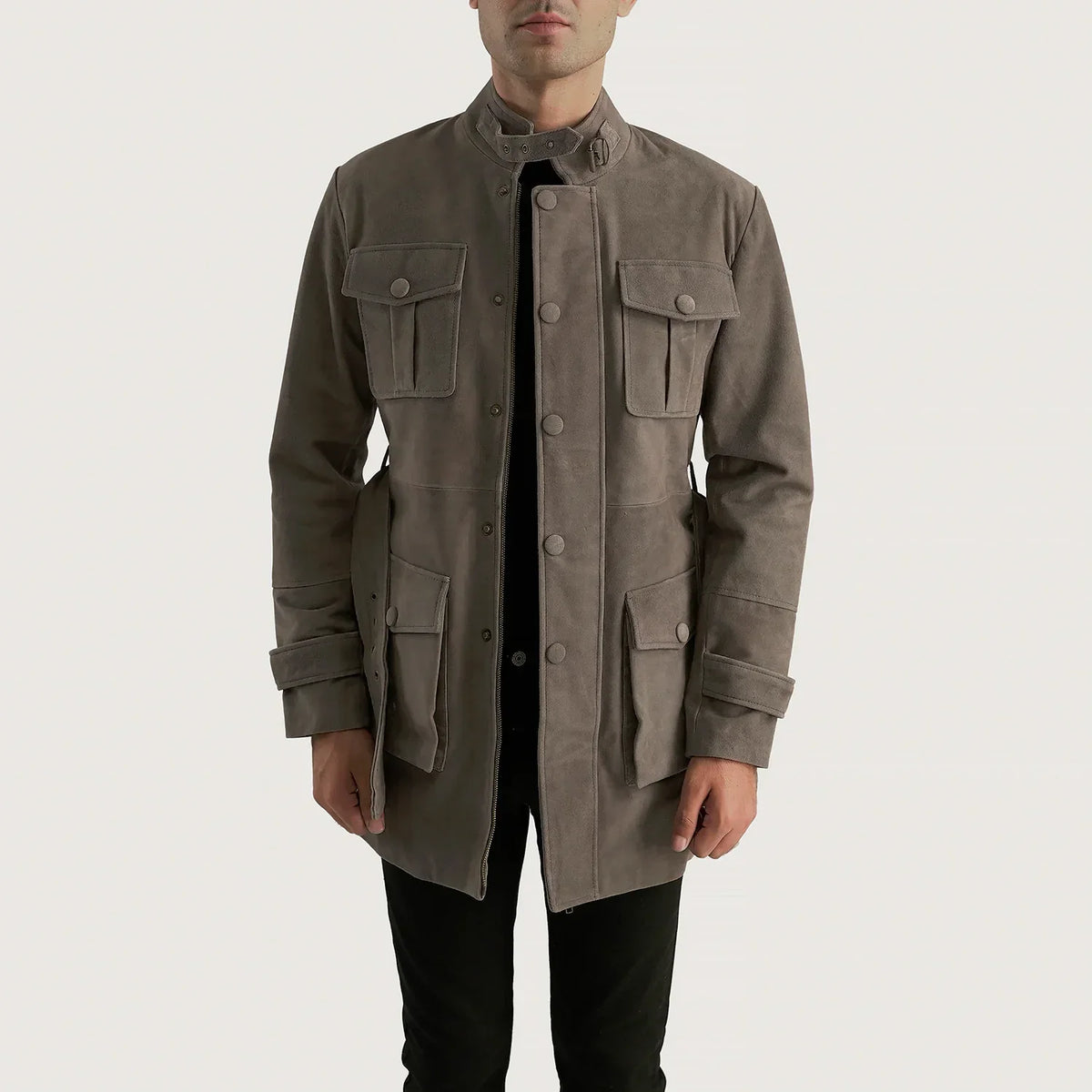 Dolf Grey Suede Jacket in Grey Cowhide Suede - Front Profile View &amp; Tailored Silhouette | Buy Online