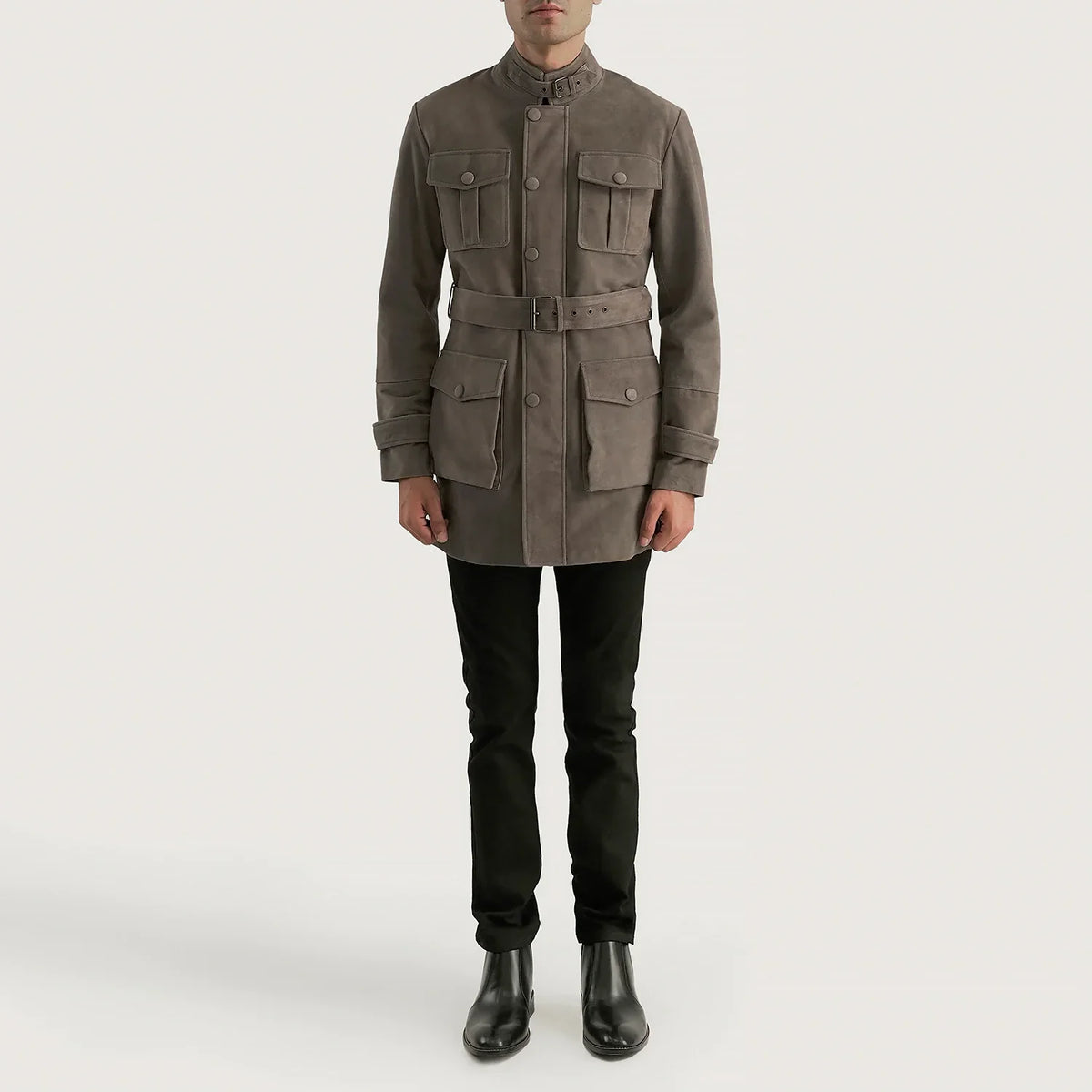 Dolf Grey Suede Jacket - Lateral Side Profile View Showing Sleeve Cut &amp; Athletic Taper Fit