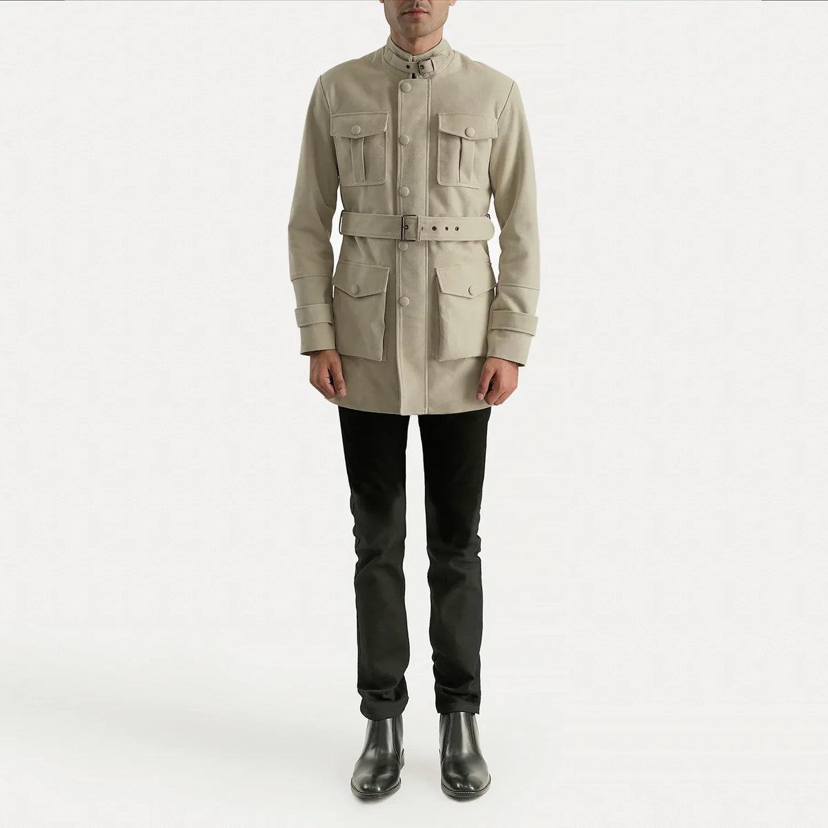 Dolf Off-White Suede Jacket - Lateral Side Profile View Showing Sleeve Cut &amp; Athletic Taper Fit