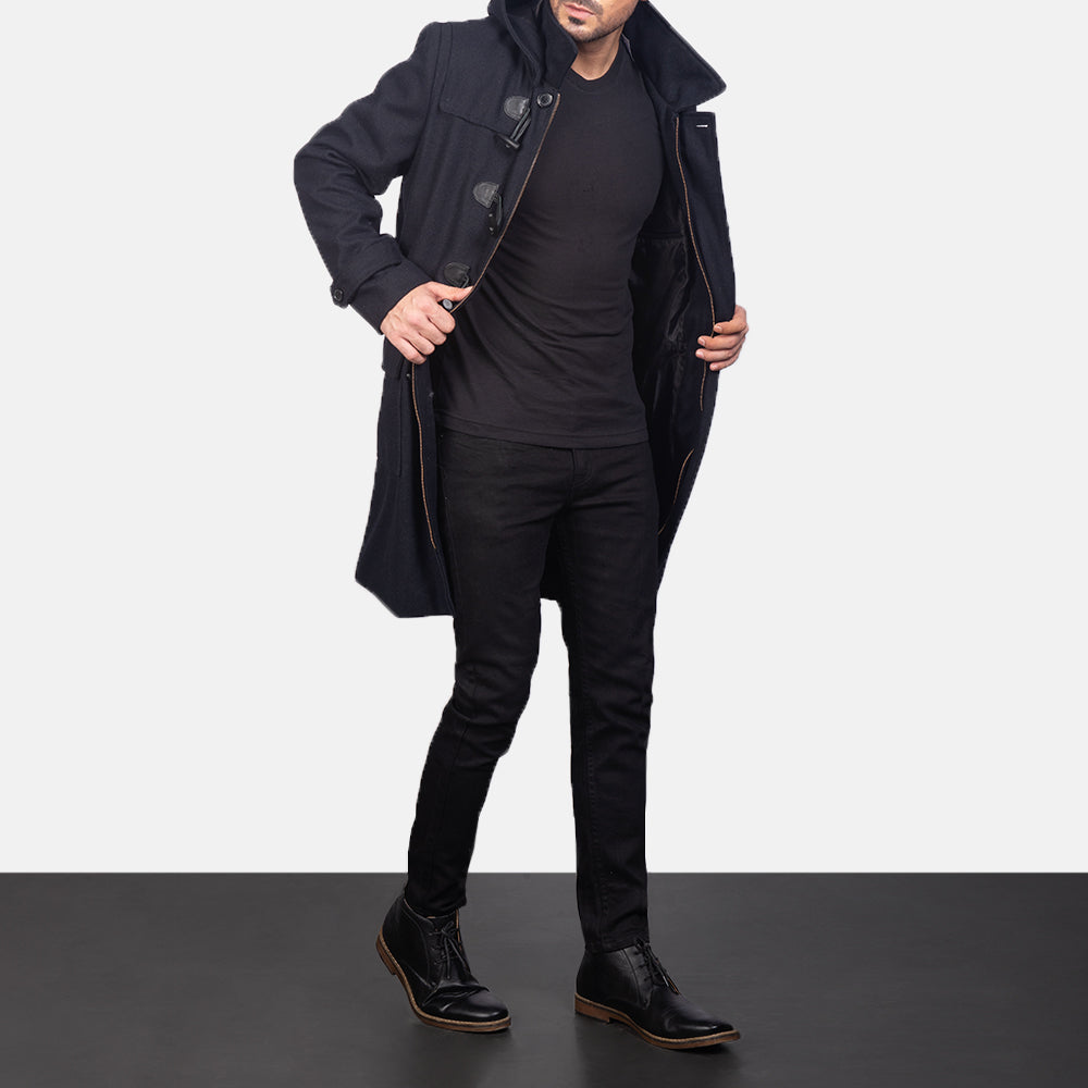 Men's Drake Black Wool Duffle Coat in Black Synthetic Wool - Front Profile View &amp; Tailored Silhouette | Buy Online