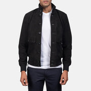 Men's Eaton Brown Suede Bomber Jacket in Brown Goatskin Suede - Front Profile View &amp; Tailored Silhouette | Buy Online