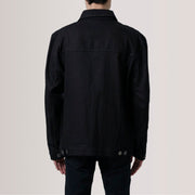 Close-Up Detail of Classic Collar &amp; Heavy-Duty Zipper Hardware on Eddie Black Oversized Denim Trucker Jacket For Men