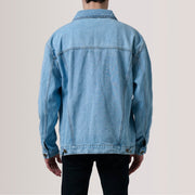 
Close-Up Detail of Classic Collar & Heavy-Duty Zipper Hardware on Eddie Light Blue Oversized Denim Trucker Jacket For Men