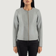 Open Hem &amp; Hem Craftsmanship Construction Detail on Elixir Beige Collarless Leather Jacket