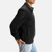 Black Goatskin Suede Bomber Jacket - Back View Showing Tailored Shoulder Fit &amp; Clean Hemline