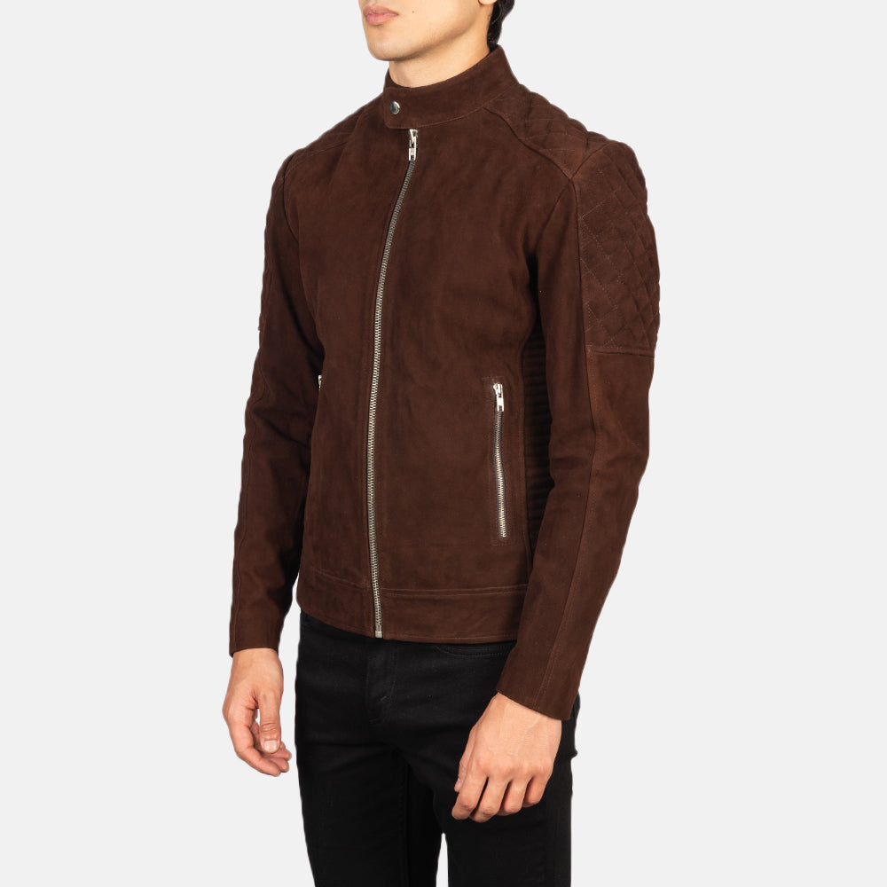 
Styled Fit Perspective of Men's Fernando Quilted Brown Suede Biker Jacket on Model - Natural Daylight Drape