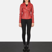 Close-Up Detail of Notch &amp; Zipper Hardware on Women's Flashback Red Leather Biker Jacket