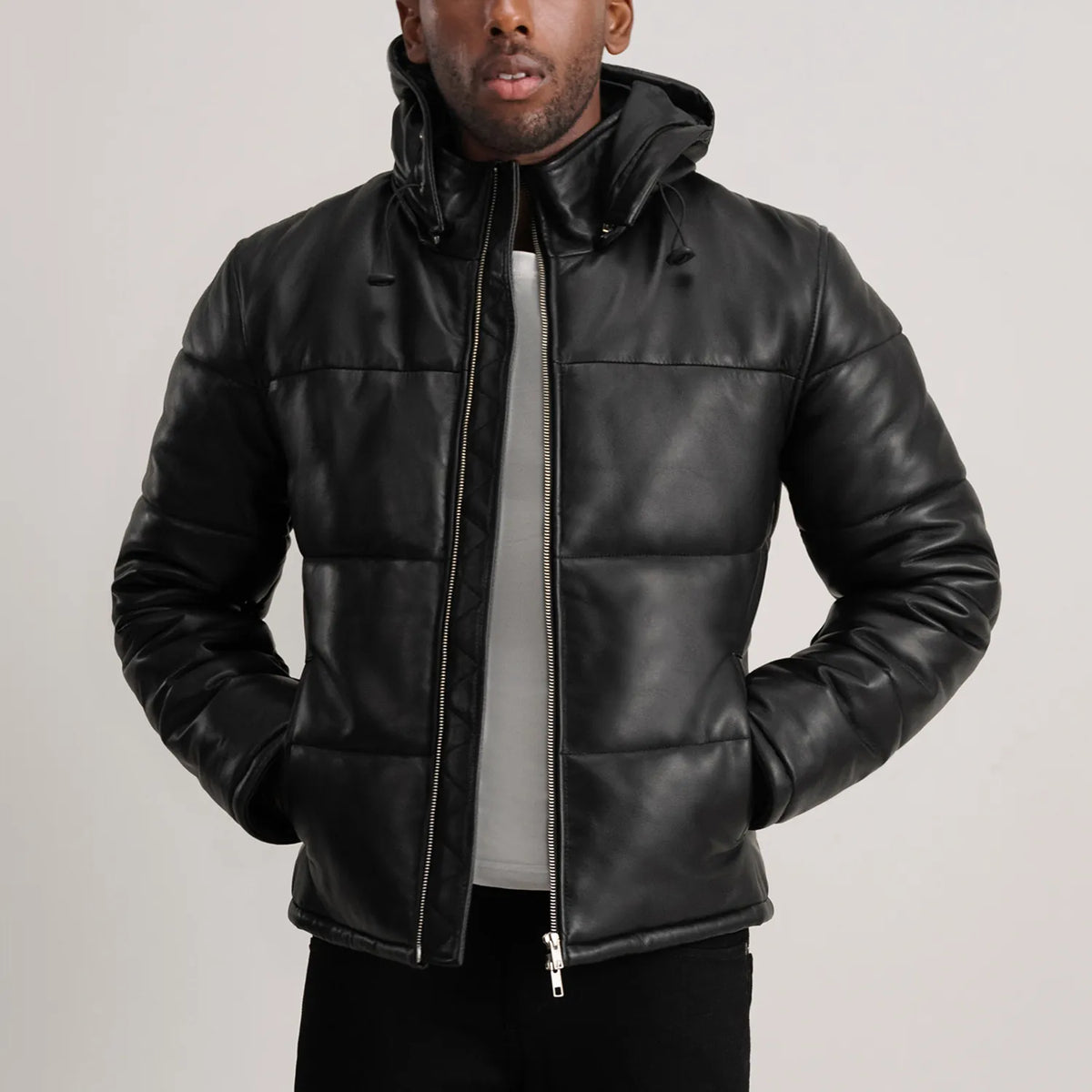 
Gordon Tan Hooded Leather Puffer Jacket in Tan Brown Sheepskin Leather - Front Profile View & Tailored Silhouette | Buy Online