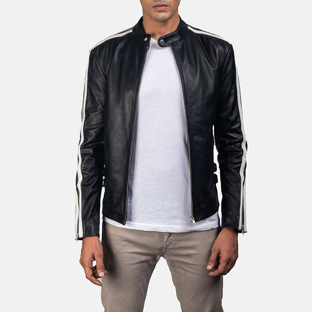 Hank Black Leather Biker Jacket in Black &amp; White Cowhide Leather - Front Profile View &amp; Tailored Silhouette | Buy Online
