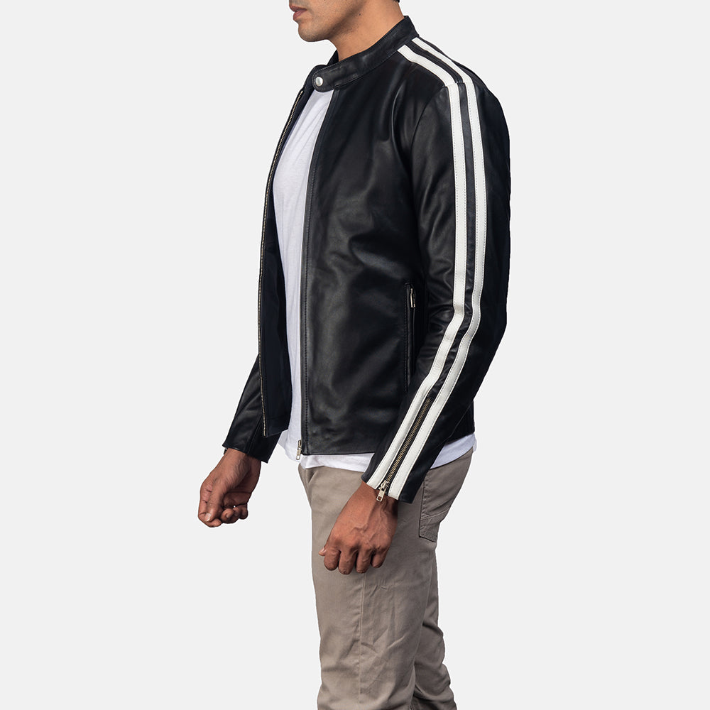 Close-Up Detail of Band with snap button &amp; Zipper Hardware on Hank Black Leather Biker Jacket