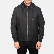 Close-Up Detail of Knit Rib with Removable Polyester Hood &amp; Zipper Hardware on Men's Hanklin Ma-1 Black Hooded Bomber Jacket