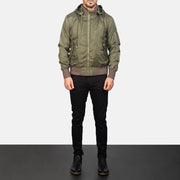 
Men's Hanklin Ma-1 Green Hooded Bomber Jacket - Lateral Side Profile View Showing Sleeve Cut & Athletic Taper Fit