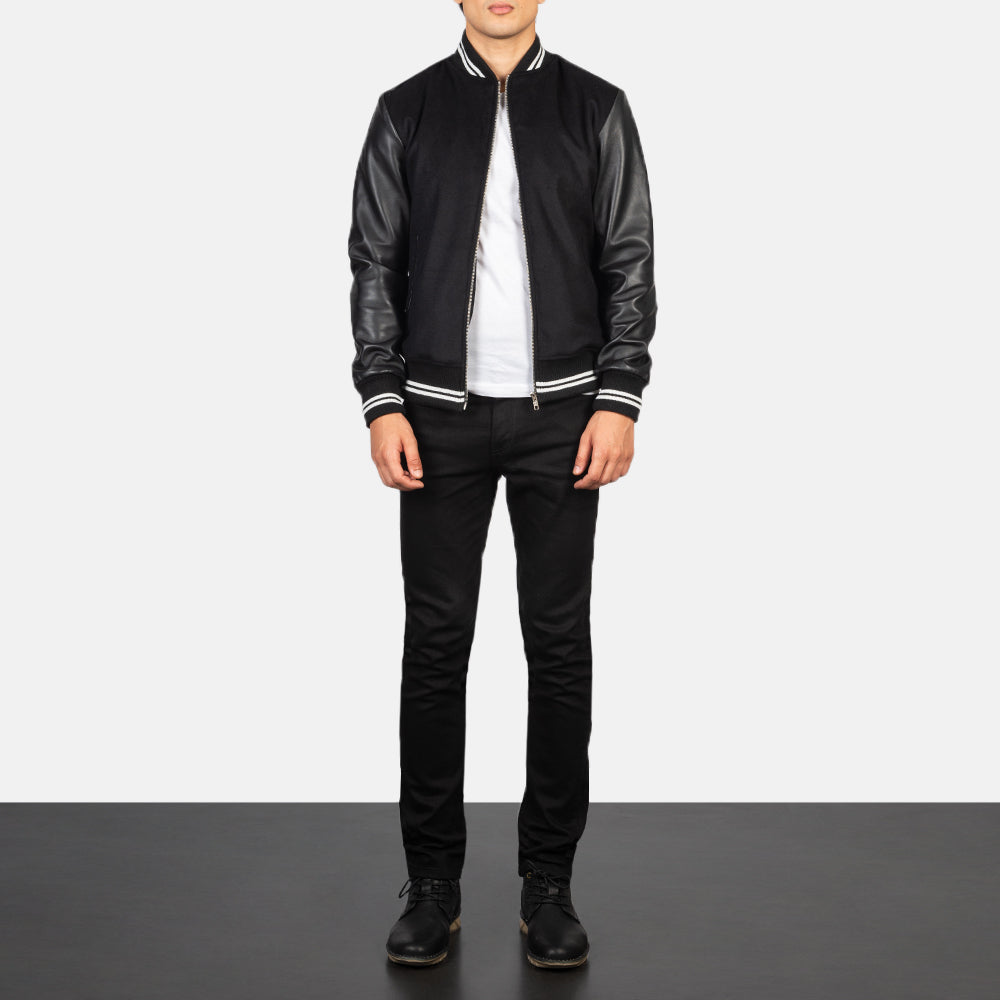 Close-Up Detail of Knit Rib &amp; zipper Hardware on Harrison Black Hybrid Varsity Jacket