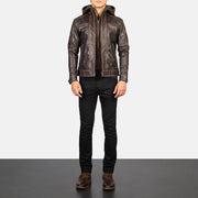 
Men's Hector Vintage Brown Hooded Leather Biker Jacket - Lateral Side Profile View Showing Sleeve Cut & Athletic Taper Fit