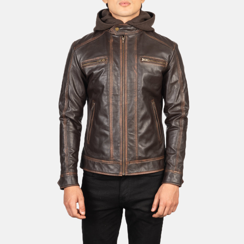 
Close-Up Detail of Band with Snap Button & Zipper Hardware on Men's Hector Vintage Brown Hooded Leather Biker Jacket