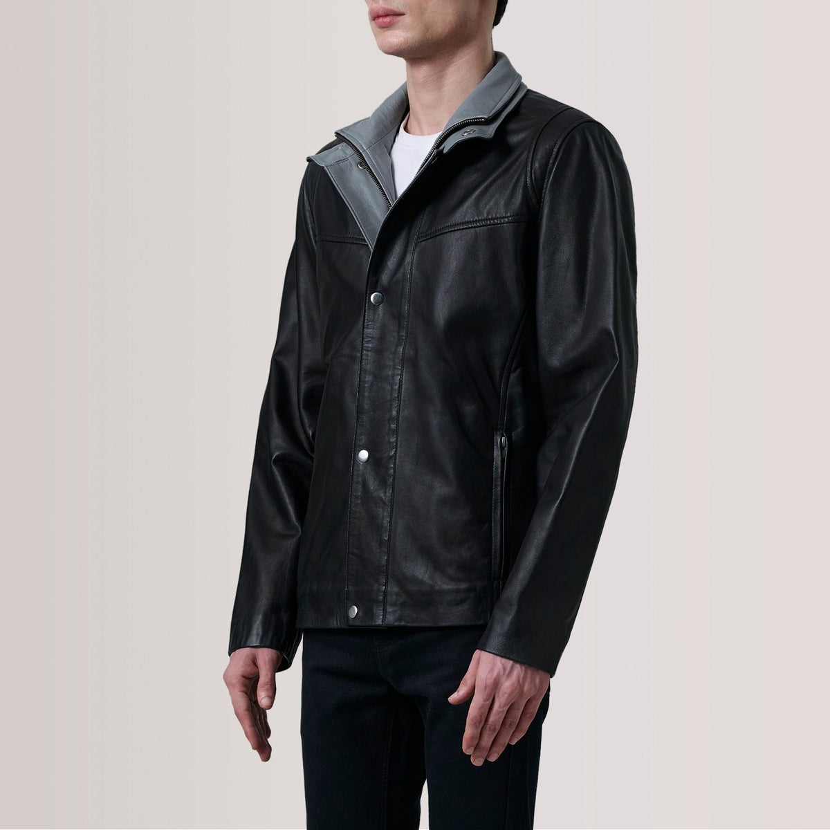 
Henrik Grey Suede Cafe Racer For Men - Lateral Side Profile View Showing Sleeve Cut & Athletic Taper Fit