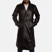 
Black Cowhide Leather Trench Coat - Back View Showing Tailored Shoulder Fit & Clean Hemline