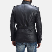 Close-Up Detail of Band with buckle closure & Zipper with button flap and waist belt Hardware on Hunter Black Leather Jacket