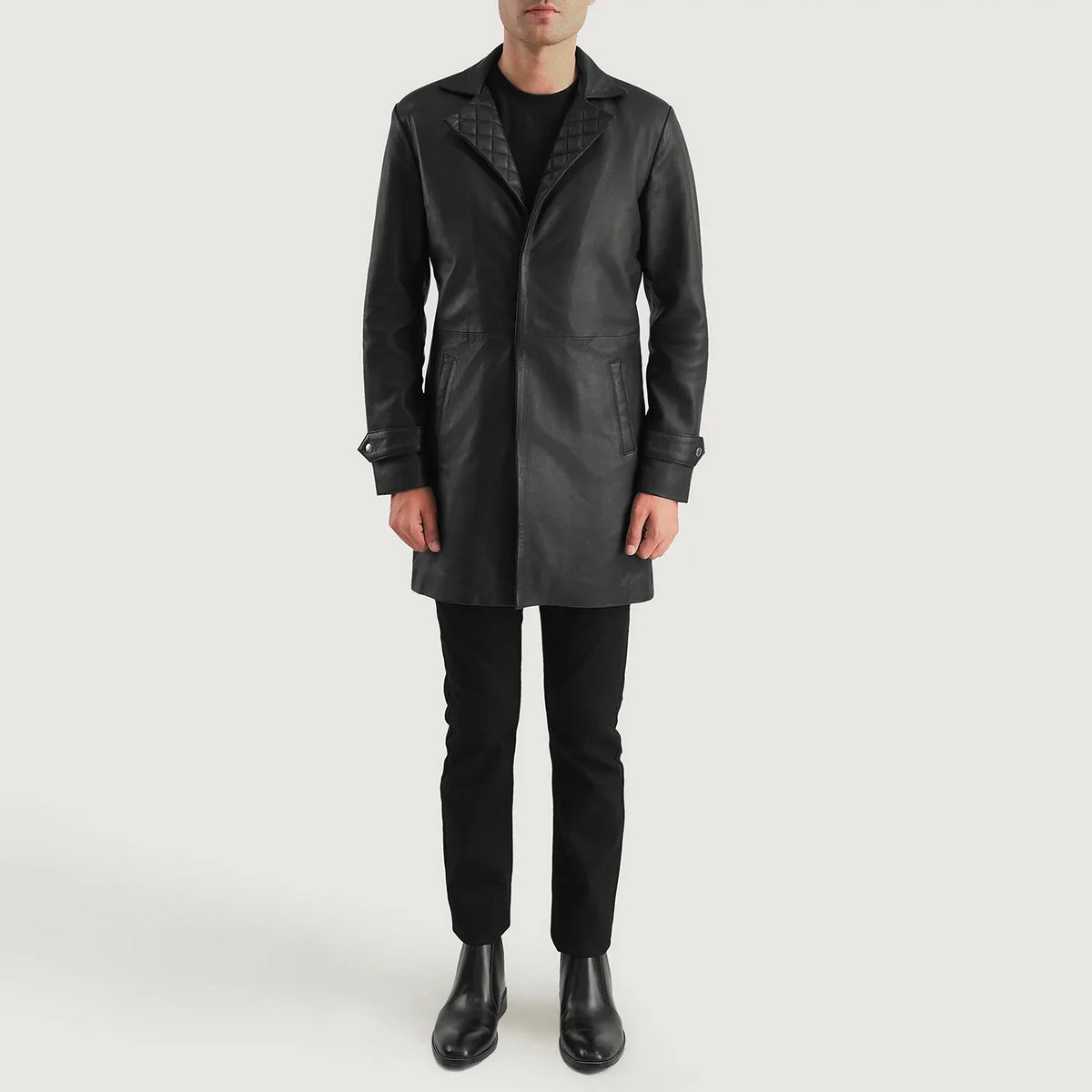 
Infinity Black Leather Coat - Lateral Side Profile View Showing Sleeve Cut & Athletic Taper Fit