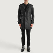 
Infinity Black Leather Coat - Lateral Side Profile View Showing Sleeve Cut & Athletic Taper Fit