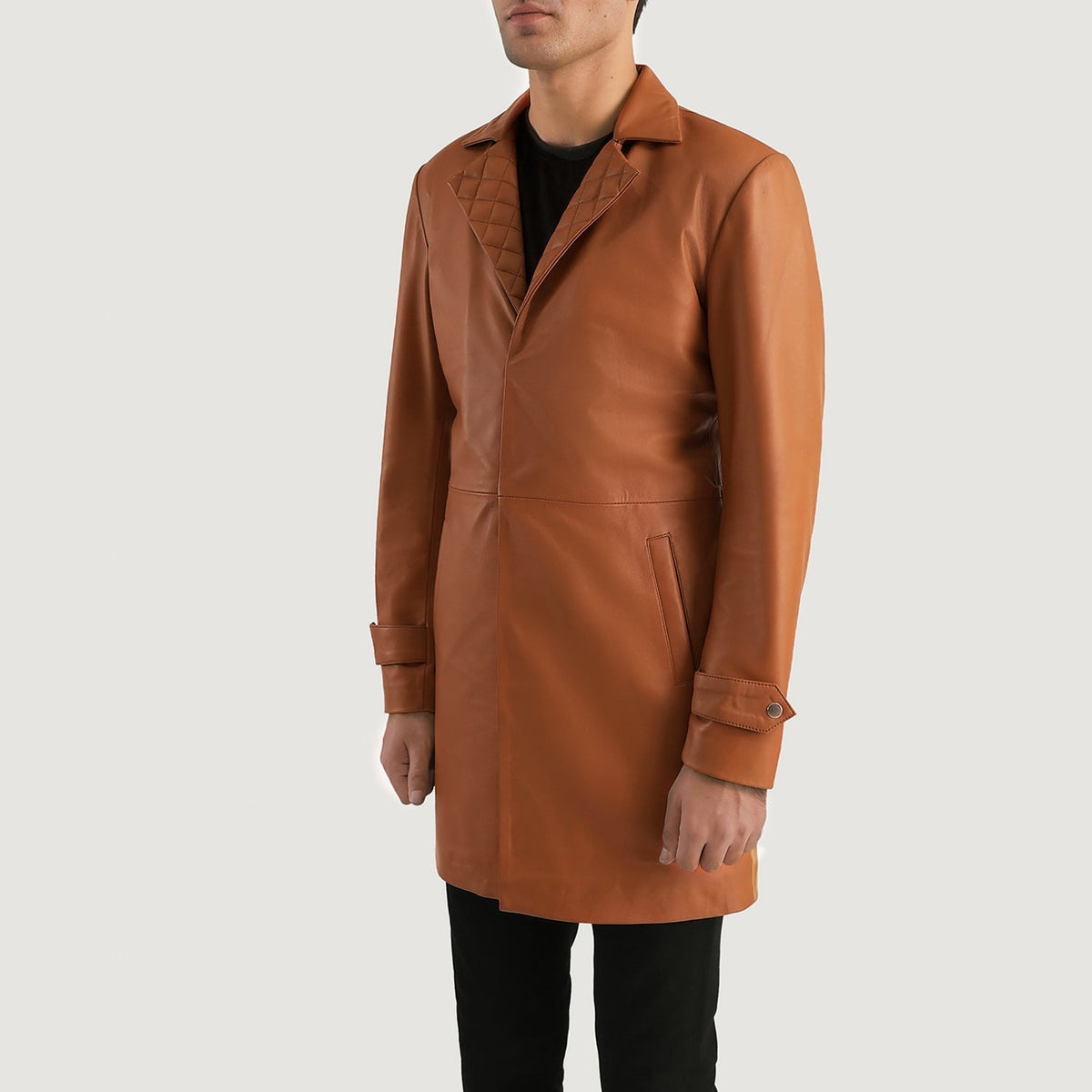 
Styled Fit Perspective of Infinity Black Leather Coat on Model - Natural Daylight Drape