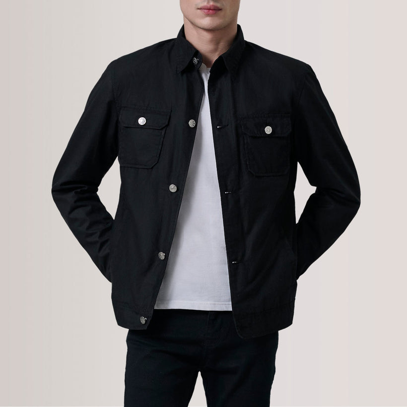 Irwin Black Waxed Canvas Field Jacket For Men in Black Waxed Cotton Canvas - Front Profile View & Tailored Silhouette | Buy Online