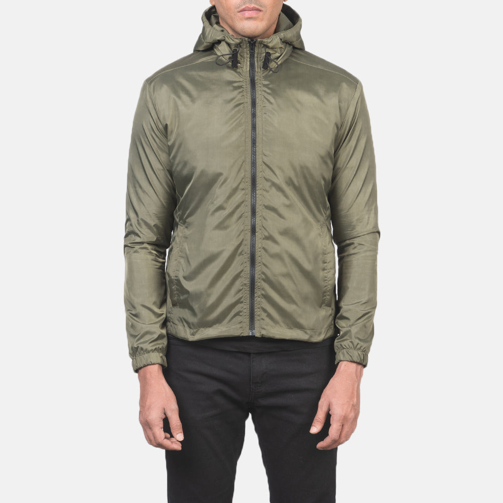 Close-Up Detail of High Neck with Hood & Zipper with wind flap Hardware on Men's Jimmy Green Hooded Windbreaker Jacket